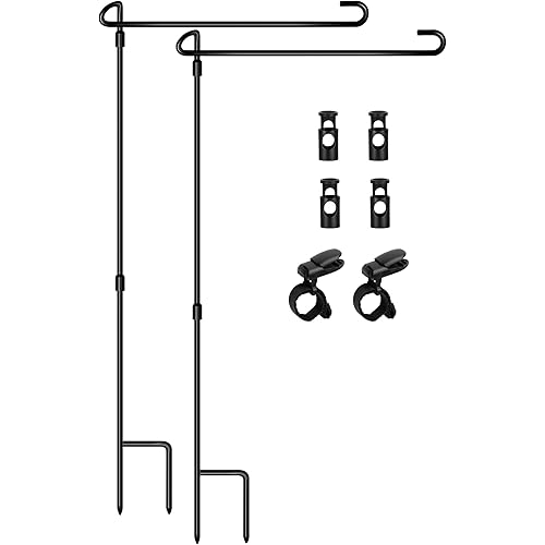 Nirohee 2 Pack Garden Flag Stand,12x18 Garden Flag Holder for Lawn Yard,Yard Sign Stakes Hanger with Clip and Two Stoppers,Metal Mini Banner Flagpole for Outside Christmas Memorial Labor Decorations