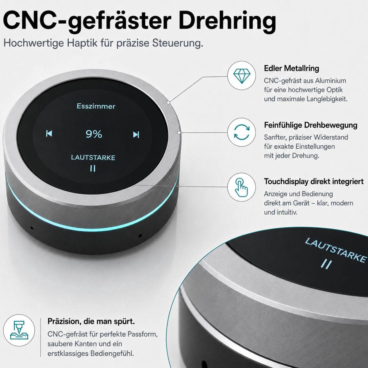 TurnPilot WLAN-Lautstärkeregler kompatibel mit Sonos & IKEA SYMFONISK, smarte Fernbedienung mit CNC gefräßtem Drehring und Touchdisplay, USB-C und RGB-Beleuchtung