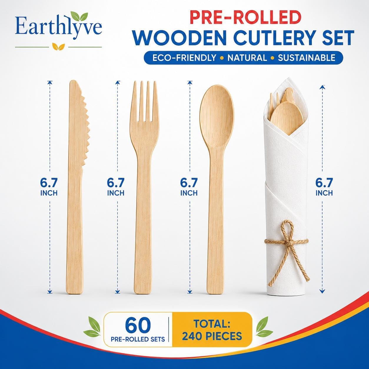 Pre-Rolled Wooden Cutlery Set with Napkins, 60 Pack (240 Pieces), Compostable Disposable Utensils, Individually Wrapped Forks Knives Spoons, Eco-Friendly Biodegradable for Parties, Weddings & Catering