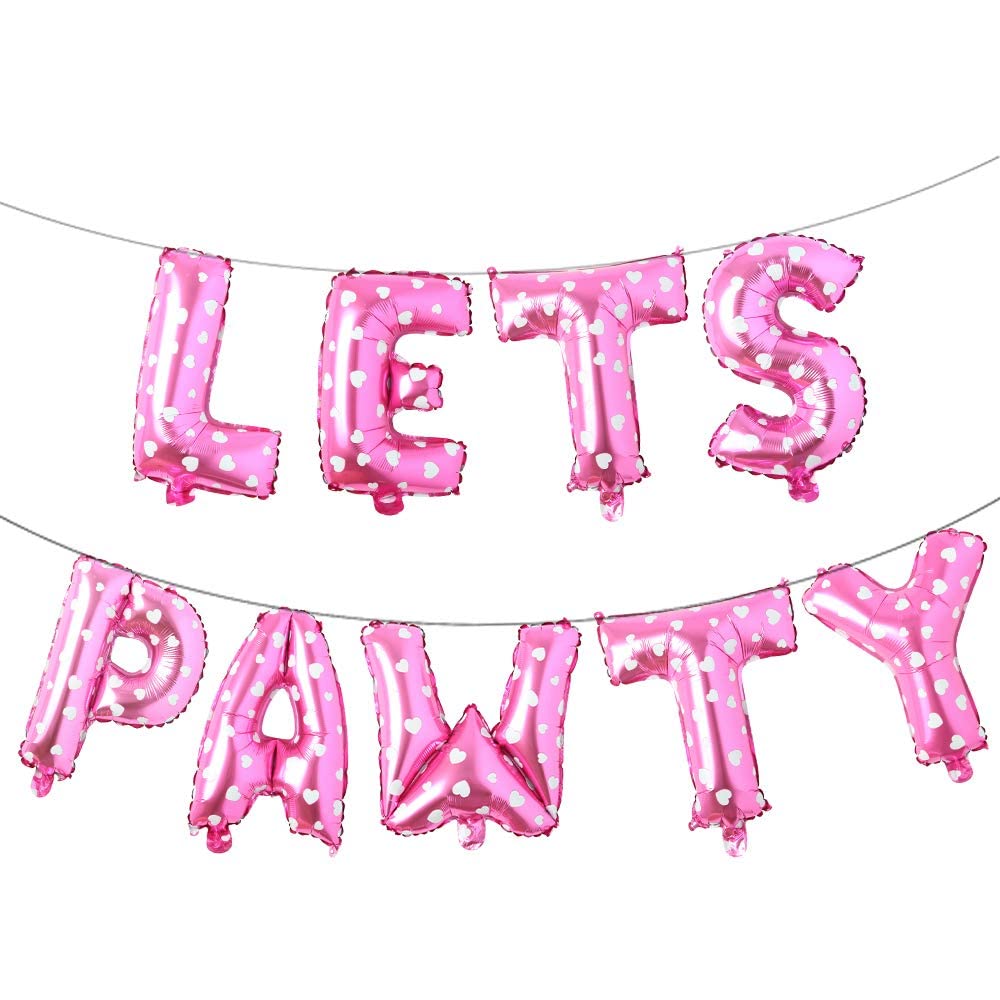 9PCS 16'' Foil Balloon Dog Pet Birthday Lets Pawty Balloons,Happy Birthday Banner for Pet Dog Party Supplies Decoration Set (Pink Heart)