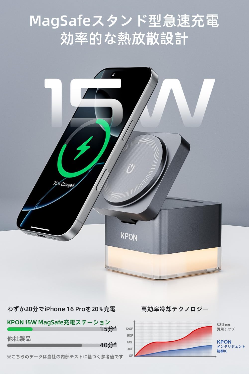 iPhone charging on the KPON 3-in-1 Wireless Charger, showing 15W fast charging capability