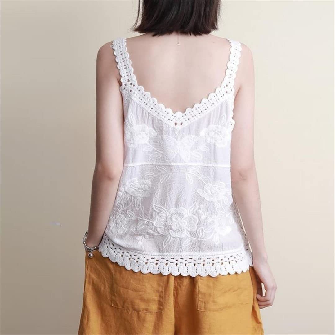 Lmtossey Primavera ed estate Spaghetti Strap Top Donne Senza Maniche Scollo a V Ricamo Floreale Top Tubo Bianco Top