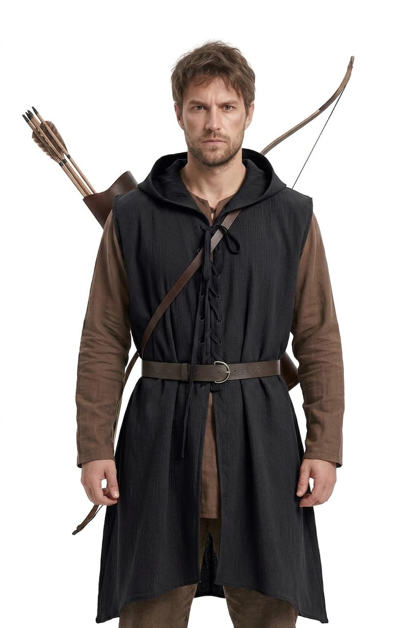JEGERMIG Medieval Hooded Surcoat Sleeveless Tunic with Belt Renaissance Costume Ren Faire Outfit Knight Viking, Black, One size
