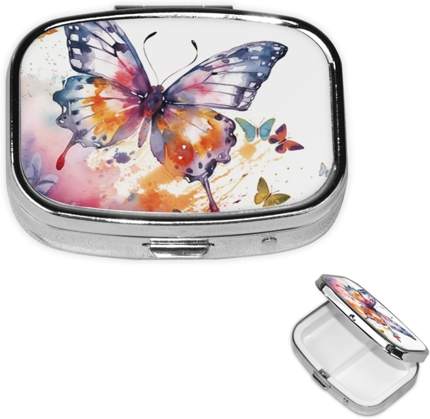 Watercolor Butterfly Pill Box with Mirror 2 Compartment Decorative Pill Case for Purse or Pocket Small Square Pill Organizer Weekly Metal Medicine Tablet Vitamin Holder Travel Gift