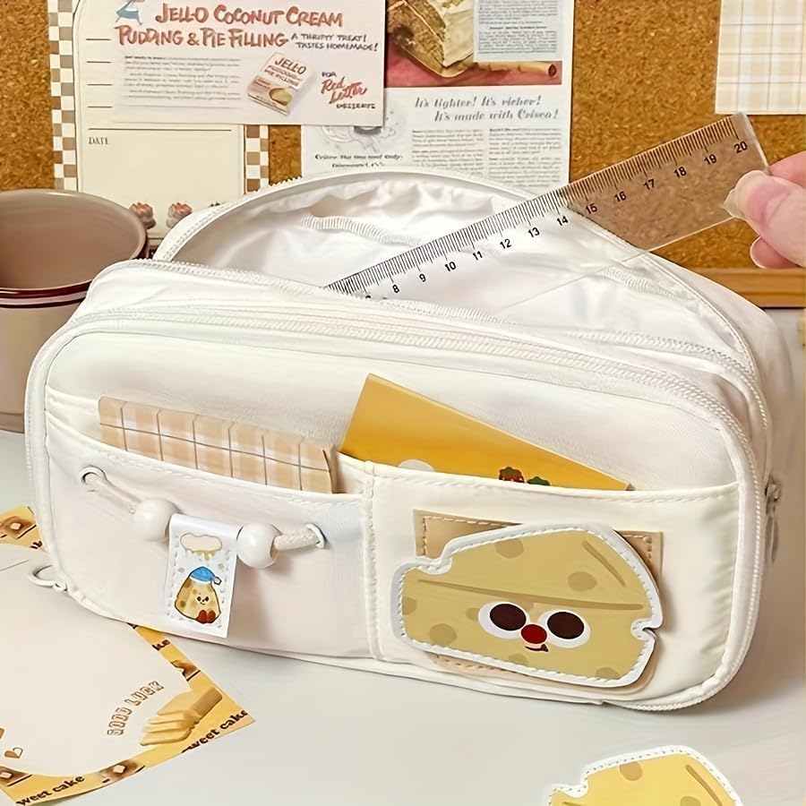 Image of OSDUE Canvas School Bag Pencil Case, 3 Layer 6 Compartment Large Capacity Pencil Pouch, Aesthetic Stationery Organizer with Zipper for Girls, Boys, Kids, School, College & Office (Beige)