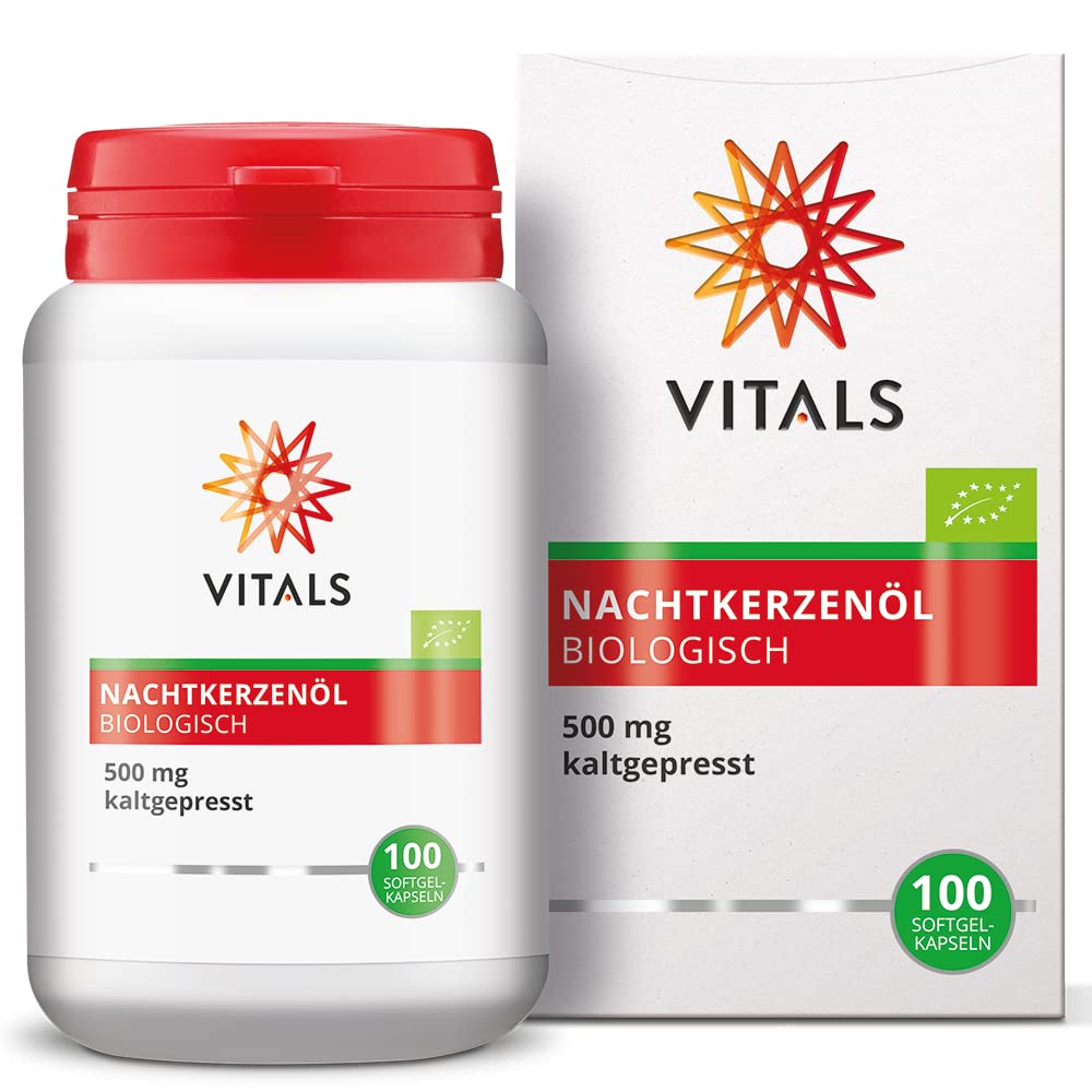 Vitals Nachtkerzenöl Bio - 100 Softgel-Kapseln, vegan. 500mg kaltgepresstes Öl aus Nachtkerzensamen mit GLA. Ohne Chemikalien, aus biologischem Anbau.