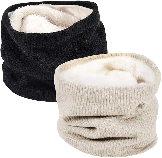 Unisex Winter Neck Warmer Thermal Lined Infinity Knitted Snood Scarf for Mens Womens (2 Pack)