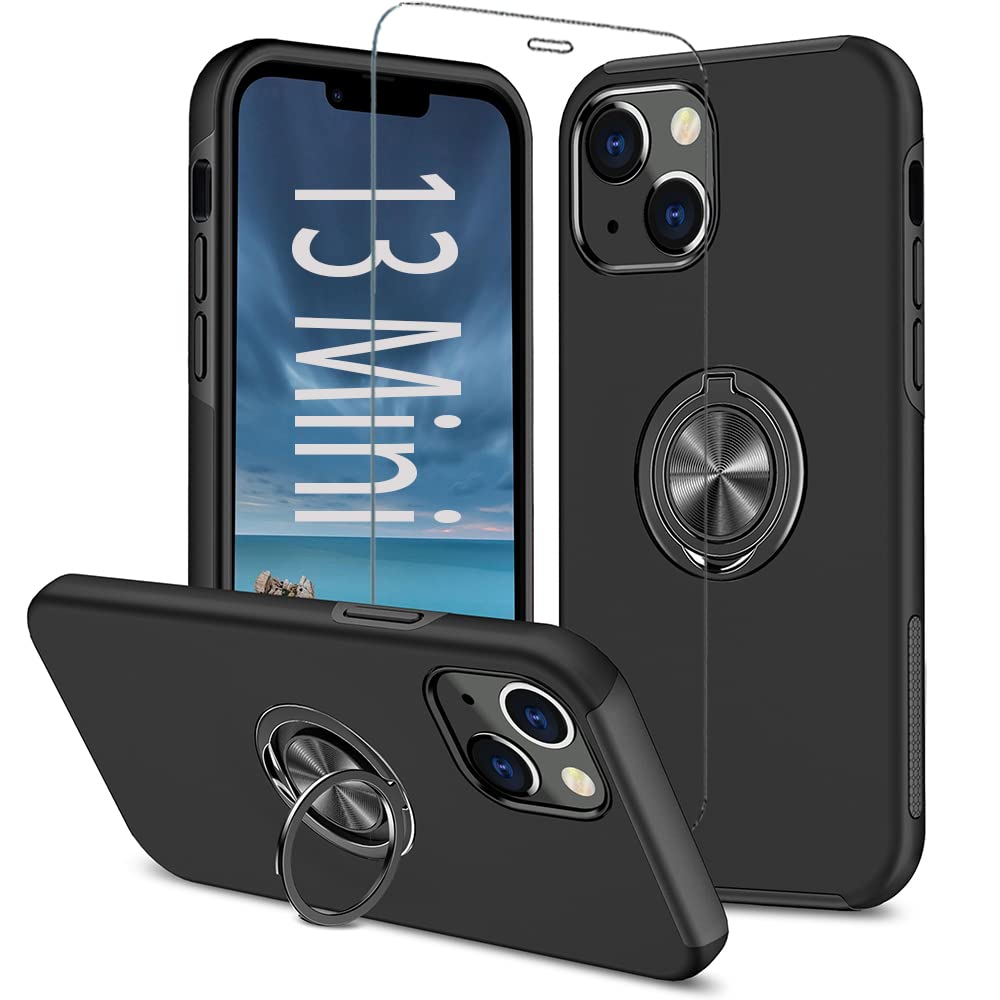 Cakublse iPhone 13 Mini 用 ケース + 强化 ガラス フィルム リング スタンド 付き 耐衝撃 いphone13mini 対応 カバー 耐衝撃ケース リング付きケース ブラック