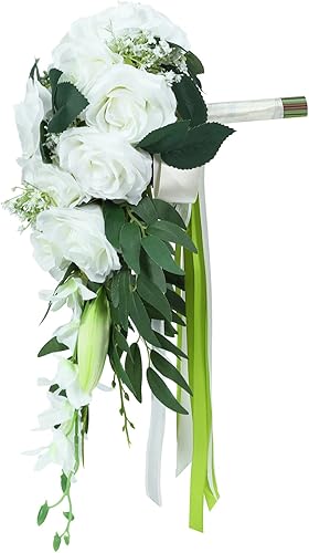 Miniatura 3 de Ramo de novia romántico, ramo de novia en cascada, rosas artificiales para boda, iglesia