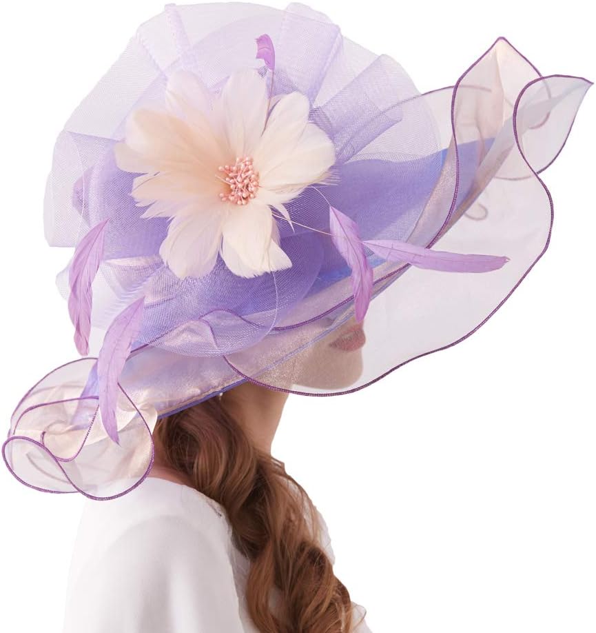 Women Organza Church Derby Hat Wide Brim Sun Hats for Wedding Tea Party Fascinator Hat with Detachable hat Flower as Headgear