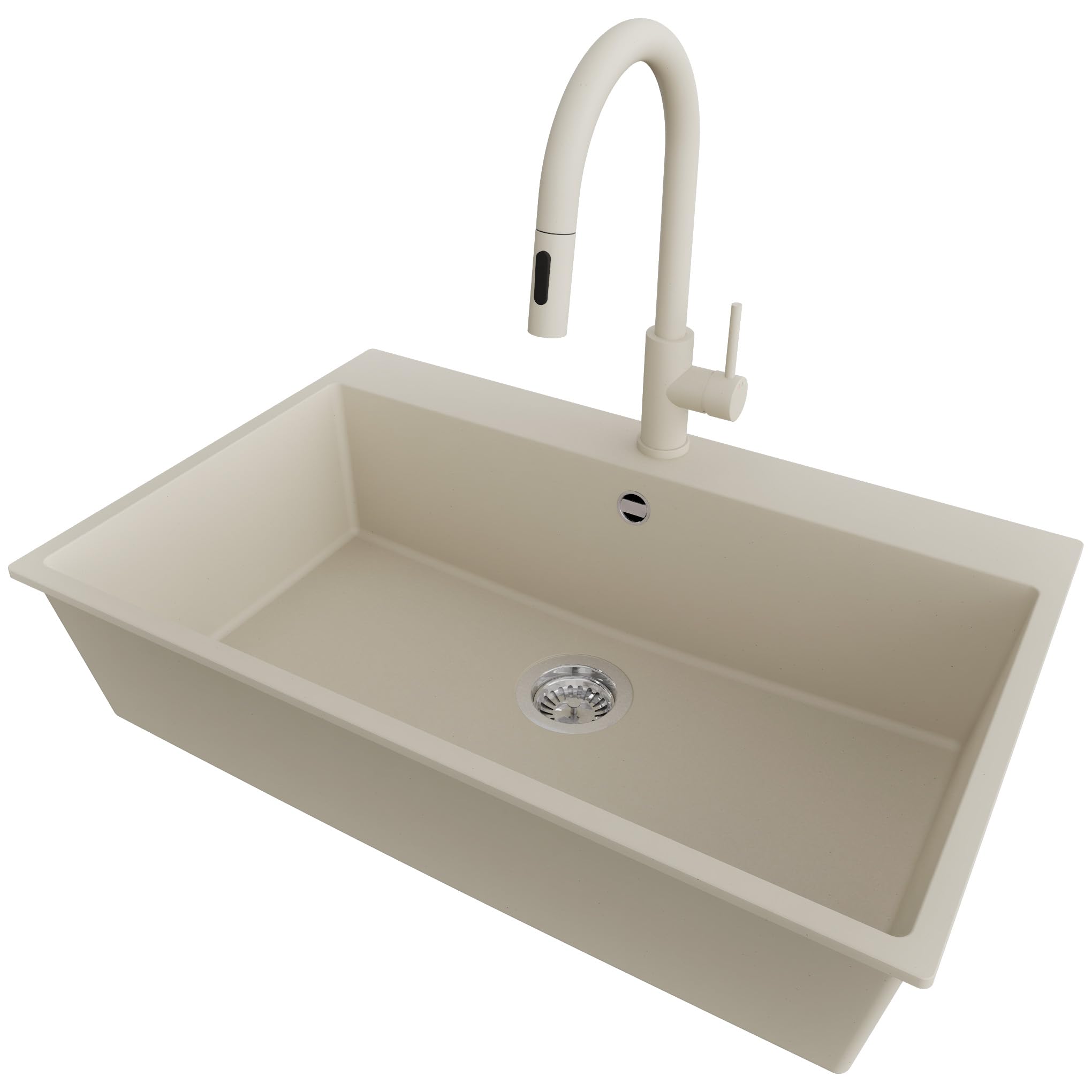 PRIMAGRAN Lavandino da Cucina Beige 78x50cm, Lavello in Granito a 1 vasca + Rubinetto 40x20cm + Set di accessori, Lavabo da Cucina Incasso al Mobile 80cm - Riga S419