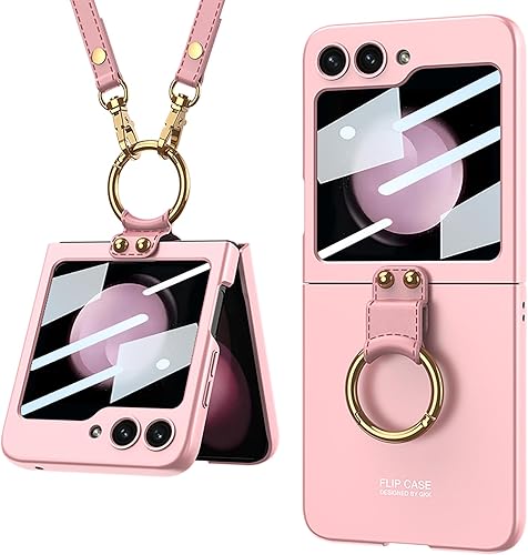 Miimall Funda compatible con Samsung Galaxy Z Flip 5 con correa para mujeres y niñas, película de pantalla pequeña integrada, soporte de anillo de