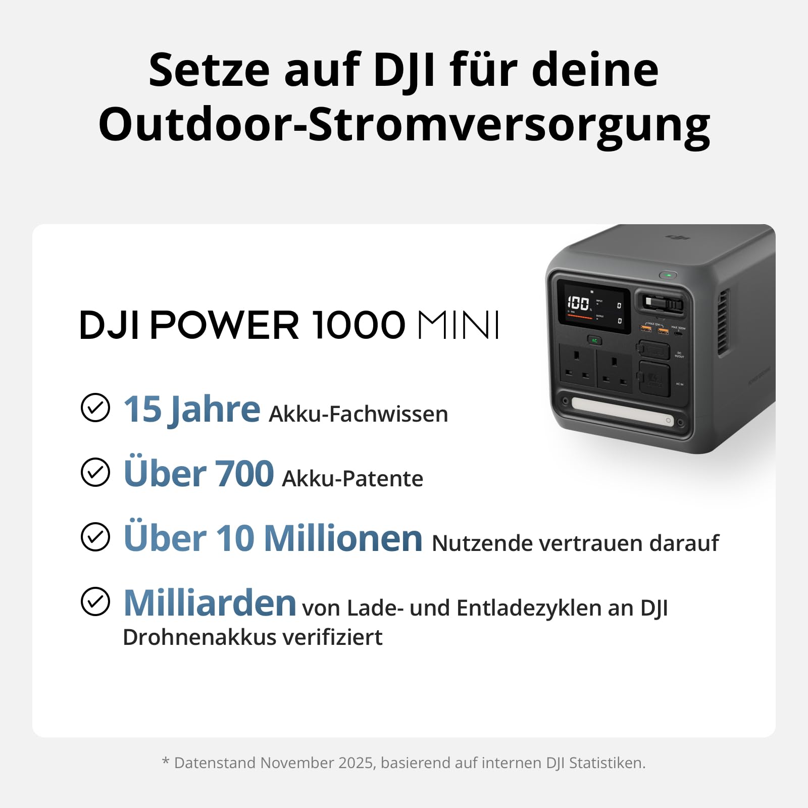 DJI Power 1000 Mini tragbare Powerstation, 1008-Wh-LFP-Akku, kompakte Größe, maximale Ausgangsleistung 1000 W, in 58 min von 0% auf 80% geladen, Stromgenerator für Zuhause, Camping