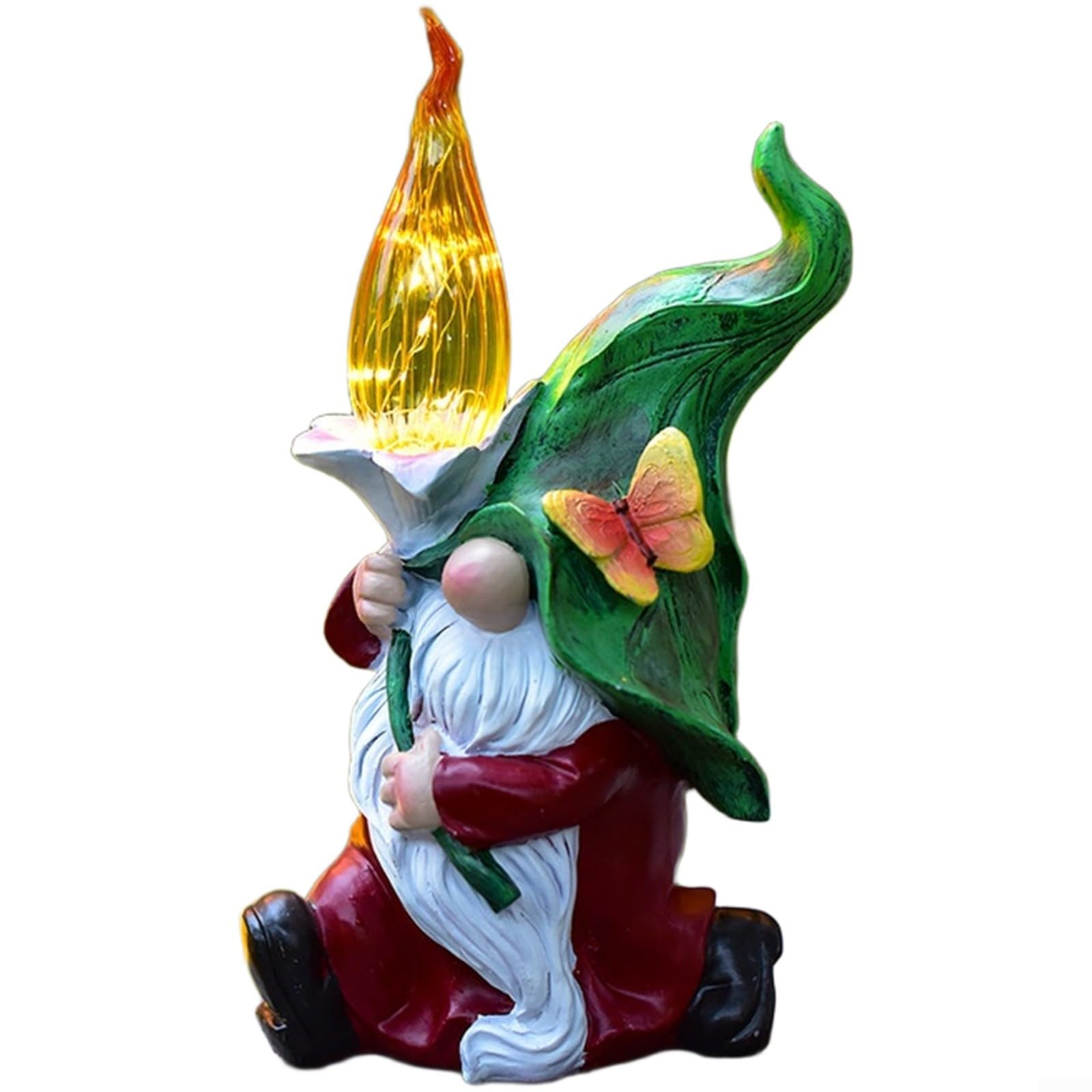 Statua a forma di gnomo a energia solare, in resina, decorazione per esterni con luce automatica, resistente alle intemperie, verde, 35 cm, per prato, patio, balcone, giardino, ad alta efficienza
