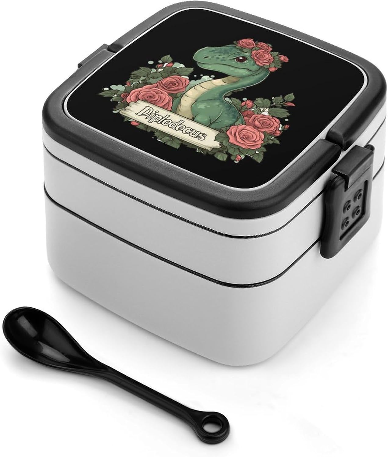 Dinosaur Diplodocus Bento Box with Spoon 2 Layer Food Container Cute Lunch Box for Travel Dining Work