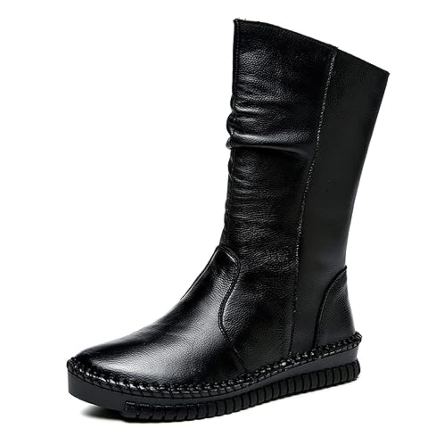 Womens Leather Side Zipper Flat Heel Soft Sole Mid-Calf Boot Wide Round Toe Fur Lined Warm Winter Boots