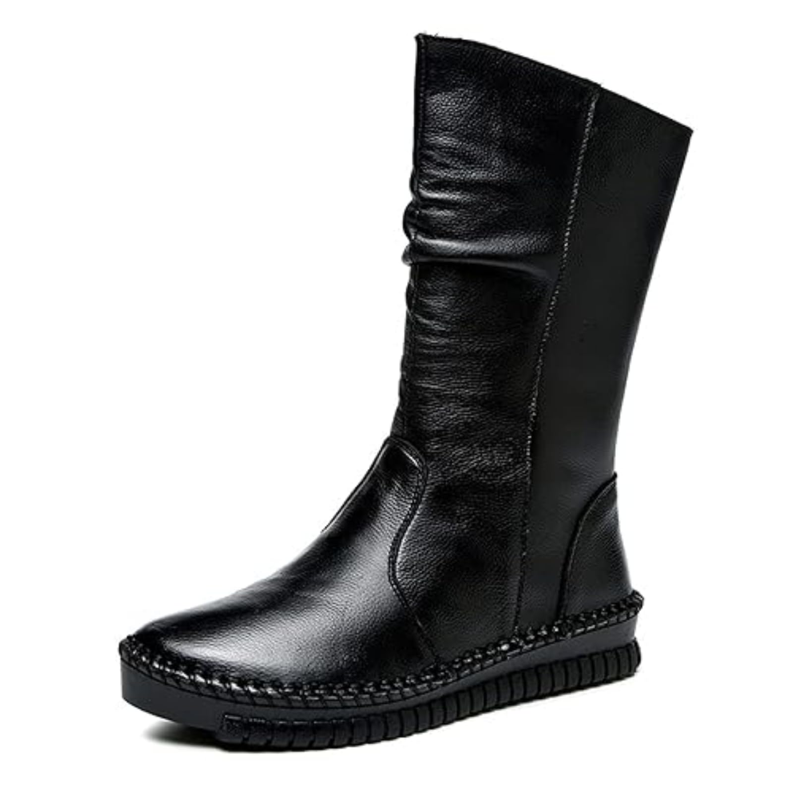 Womens Leather Side Zipper Flat Heel Soft Sole Mid-Calf Boot Wide Round Toe Fur Lined Warm Winter Boots