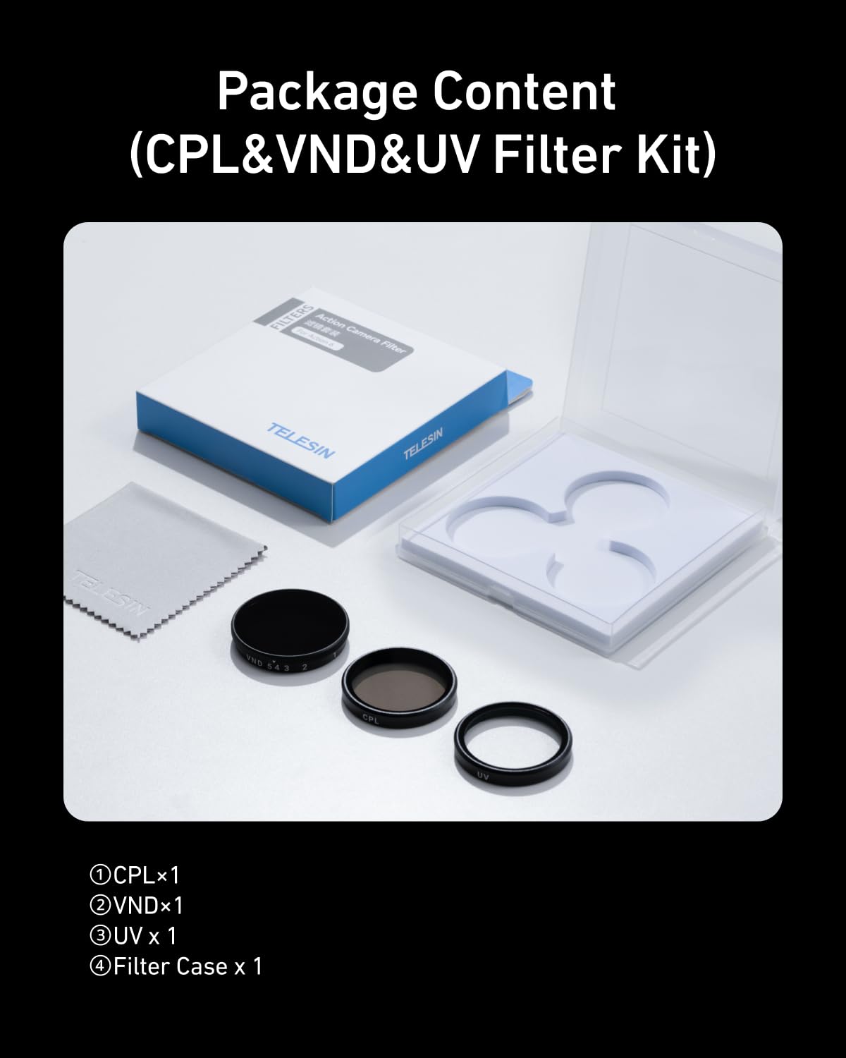 TELESIN Filter Set für DJI Osmo Action 5 Pro/4/3, VND 2–32 Variabler ND-Filter, CPL-Polarisationsfilter & UV-Schutzfilter-Kit, Aufsteckbare HD-Optikglasfilter für Vlogging Vlogging und Reisen usw.