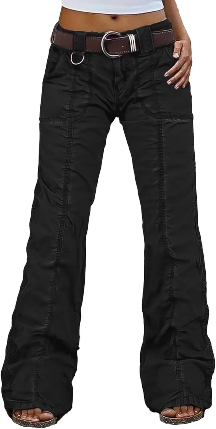 Flamingals Straight Leg Pants for Women Mid Rise Casual Cargo Solid Patch Pockets Stitch Detail Pants