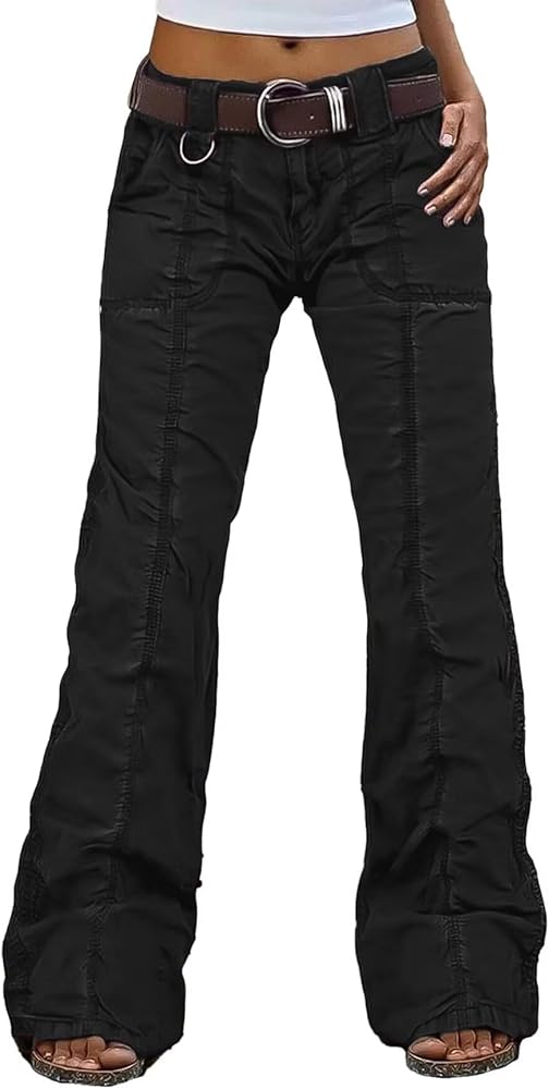 Flamingals Straight Leg Pants for Women Mid Rise Casual Cargo