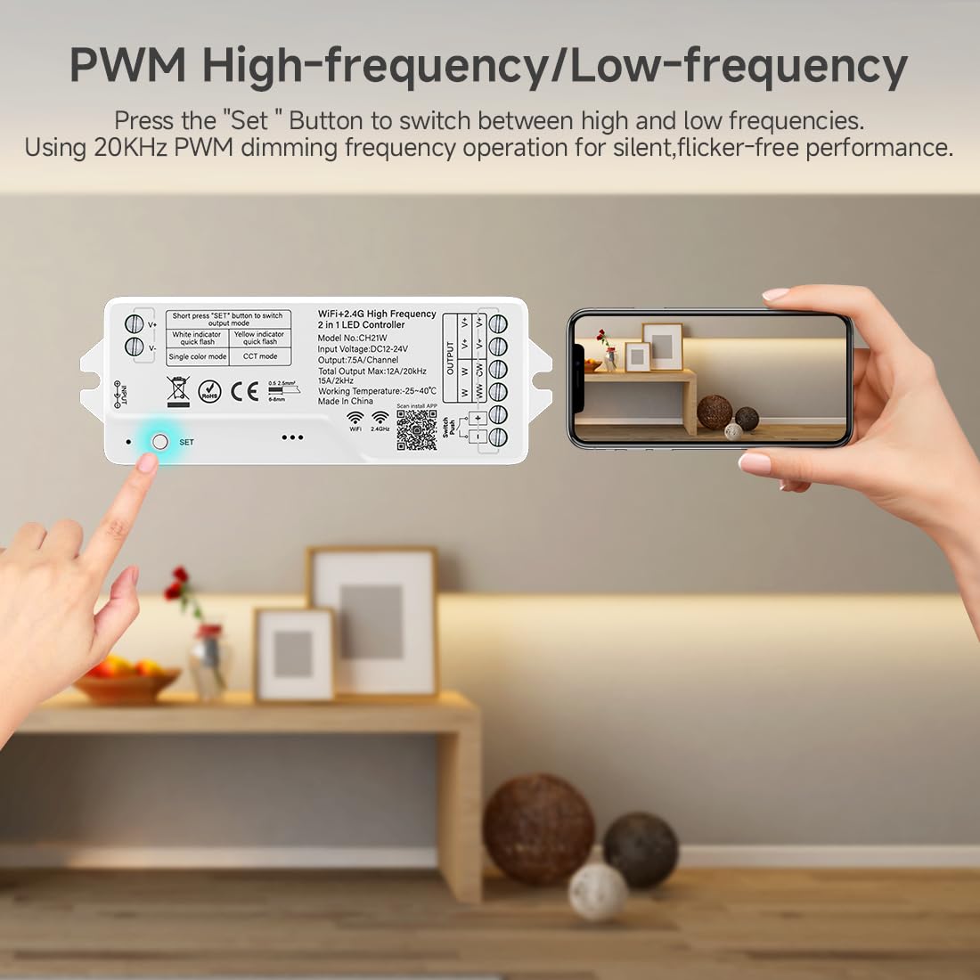 SEZO CH21W 2IN1 WiFi 2.4G RF LED Controller 20kHz Alta Frecuencia PWM Dimmer | DC12V-24V Control Monocolor CCT LED tiras para sin parpadeo, sin sonido, compatible con Alexa, Tuya y Smart Life App
