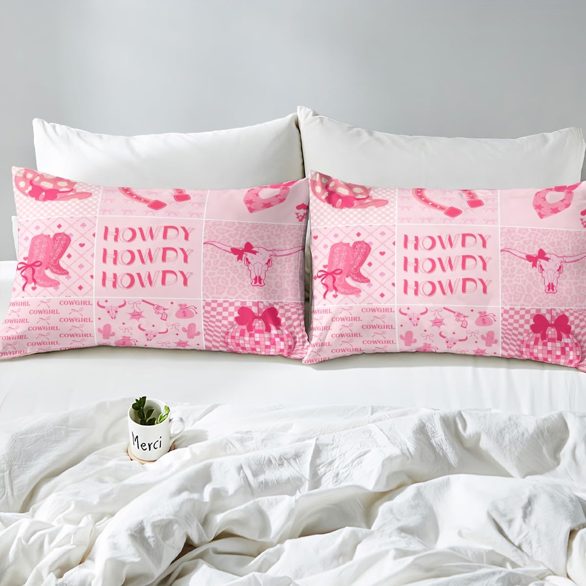 Homewish Western Cowgirl poszewka na kołdrę różowy zachodni zestaw pościeli Howdy, Southwestern poszewka na łóżko w kształcie podkowy Super King, nadruk krowy zestaw łóżek dyskotekowych
