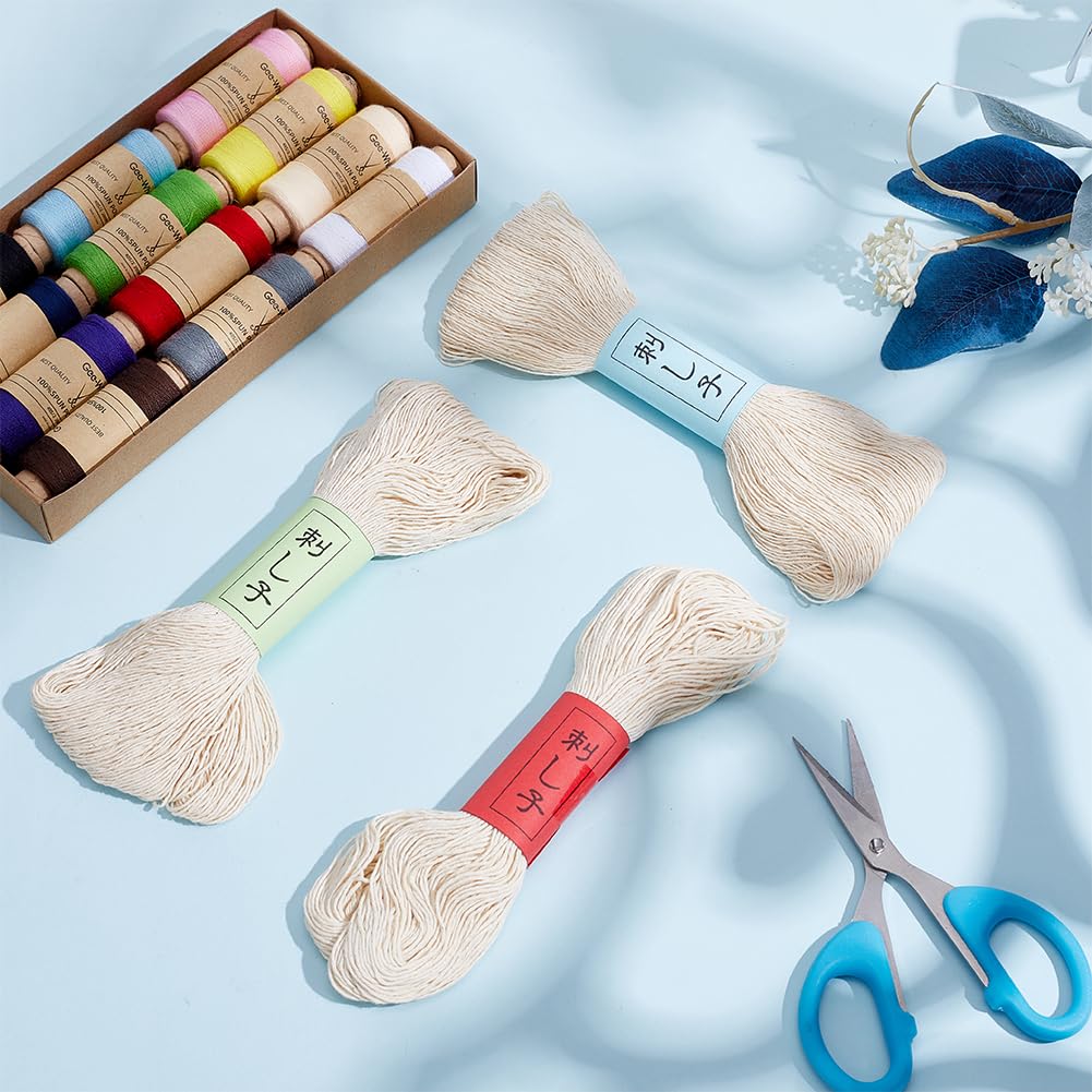 FREEBLOSS Filo Sashiko da 300 m, 3 matasse, 100% cotone, per trapuntatura e ricamo giapponese, per cucire a mano, filo spesso per ricamo giapponese, filo da ricamo