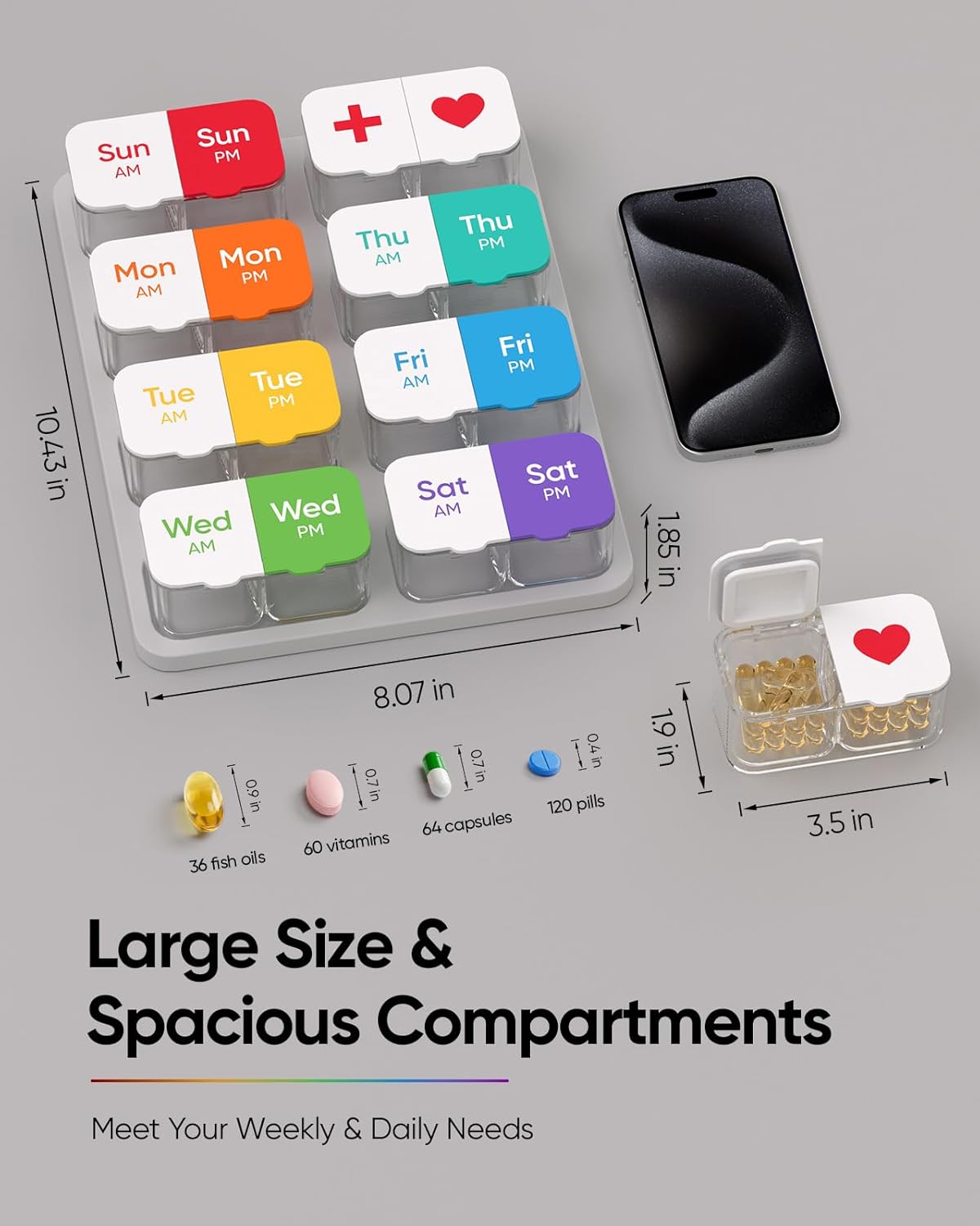 Extra Large Pill Organizer with Desiccant Pads, Moisture-Resistant & Detachable Weekly Pill Box 2 Times a Day, Wide Opening for Vitamins and Daily Pills, Easy for Seniors, Home & Travel Use