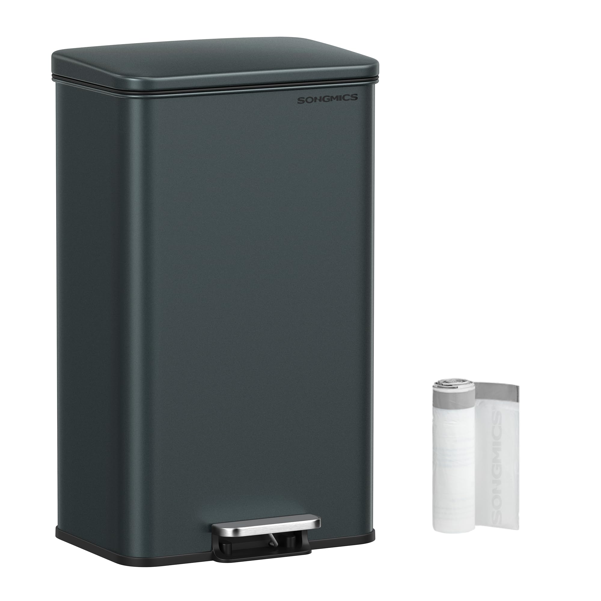SONGMICS Mülleimer Küche, 40 Liter Abfalleimer, großer Tretmülleimer, mit Deckel, aus Stahl, Softclose, inklusive 15 Müllbeutel, anthrazitgrau LTB540G02