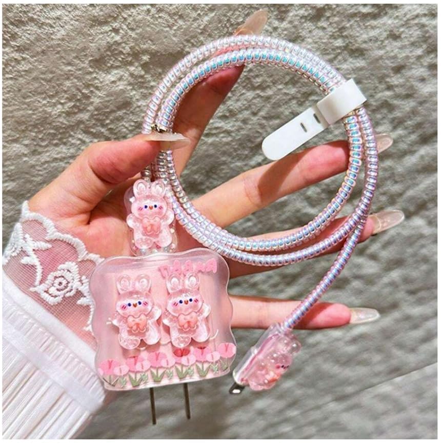 Image of Protective Charger Case for iPhone 18W 20W iPhone 15 14 13 12 11 Pro Max Charging Cable Charger Protective Cover Data Cable Protective Sleeve -(Pink Rabbit)