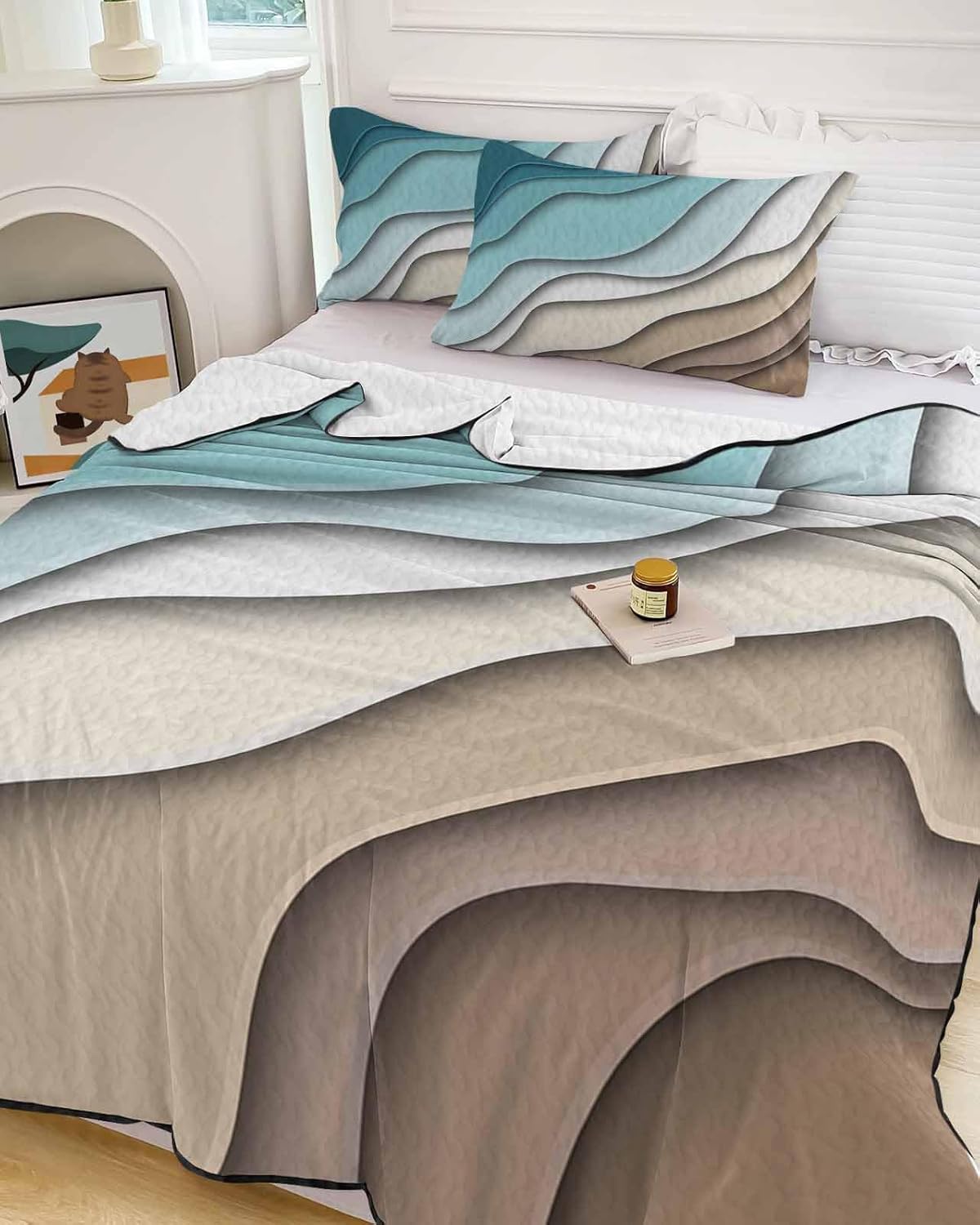 Summer Quilts Twin XL Size, Lightweight Quilted Coverlet Teal Blue Modern Geometric Comforter Set for Bed, All Season Bedspreads Abstract Art Print Soft Quilt Bedding with 2 Pillowcases 68x98 Inch