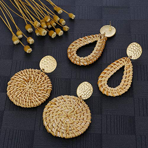 AIDSOTOU Rattan Earrings for Women Lightweight Geometric Statement Earrings Handmade Straw Wicker Braid Teardrop Hoop Drop Dangle Earrings 4 Pairs (Style-4)3
