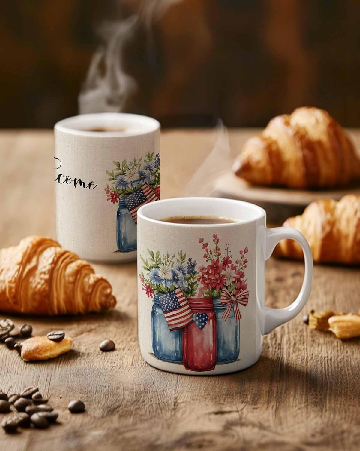 BEMIGO Ceramic Coffee Mug Farmhouse Floral Ceramic Mug White Cup, 4th of July Insulated Coffee Cup with Handle with Pattern Perfect for Tea and Hot Beverages, 12oz