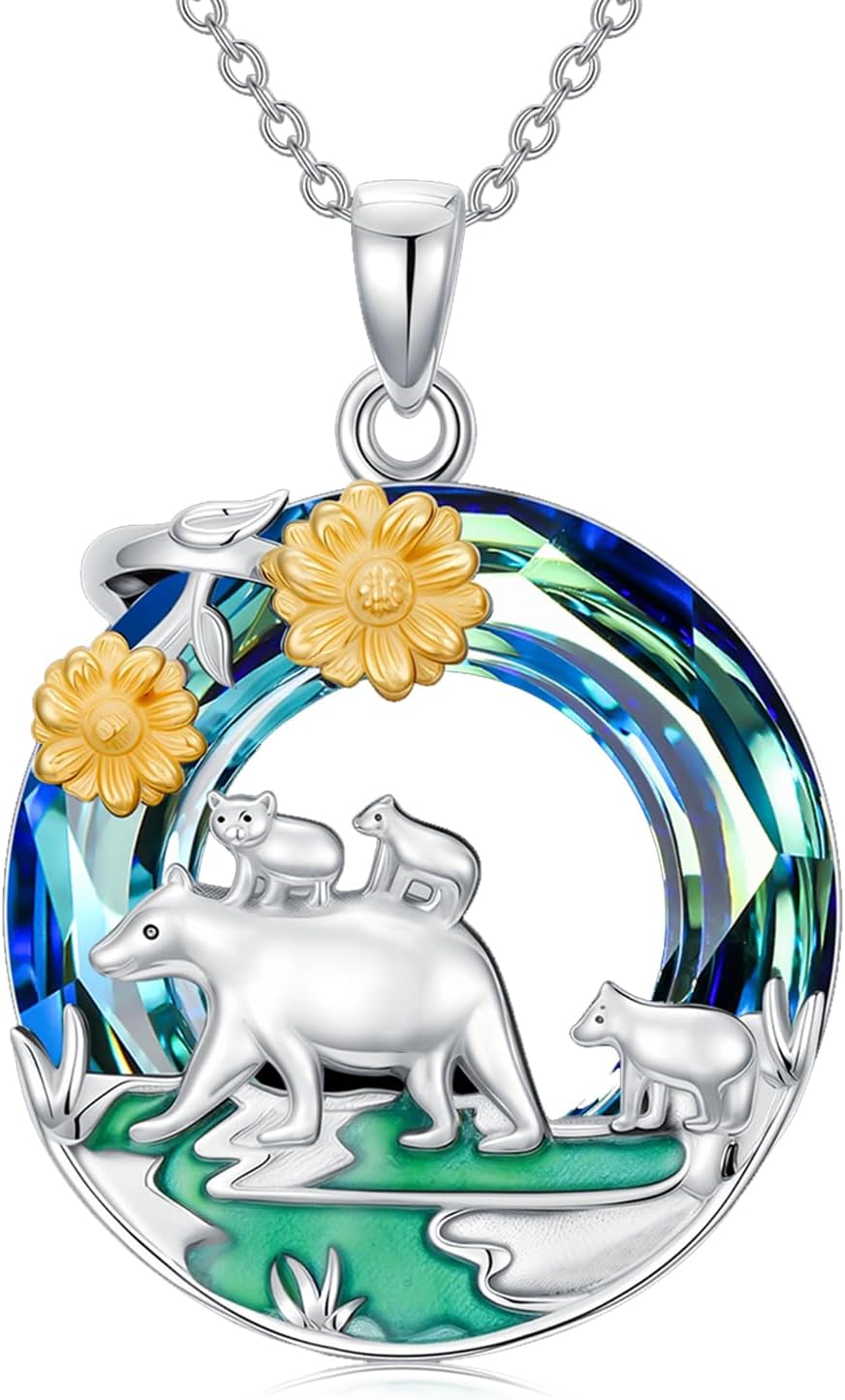 TOUPOP Sterling Silver Mama Bear 2-4 Cubs Family Jewelry for Women with Sunflower Gifts for Mother Daughter Birthday Mothers Day Gifts, 18+2 Chain