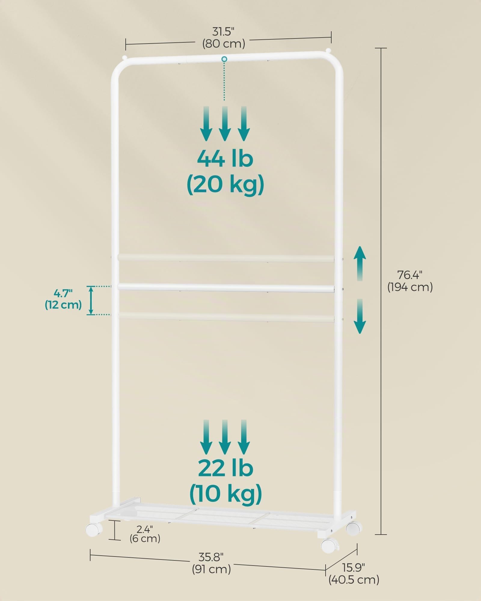 SONGMICS Perchero con ruedas, perchero de doble barra de 36 pulgadas, estante de ropa para colgar ropa, con estante de almacenamiento de malla densa, capacidad de carga de 44 libras, 2 frenos, marco