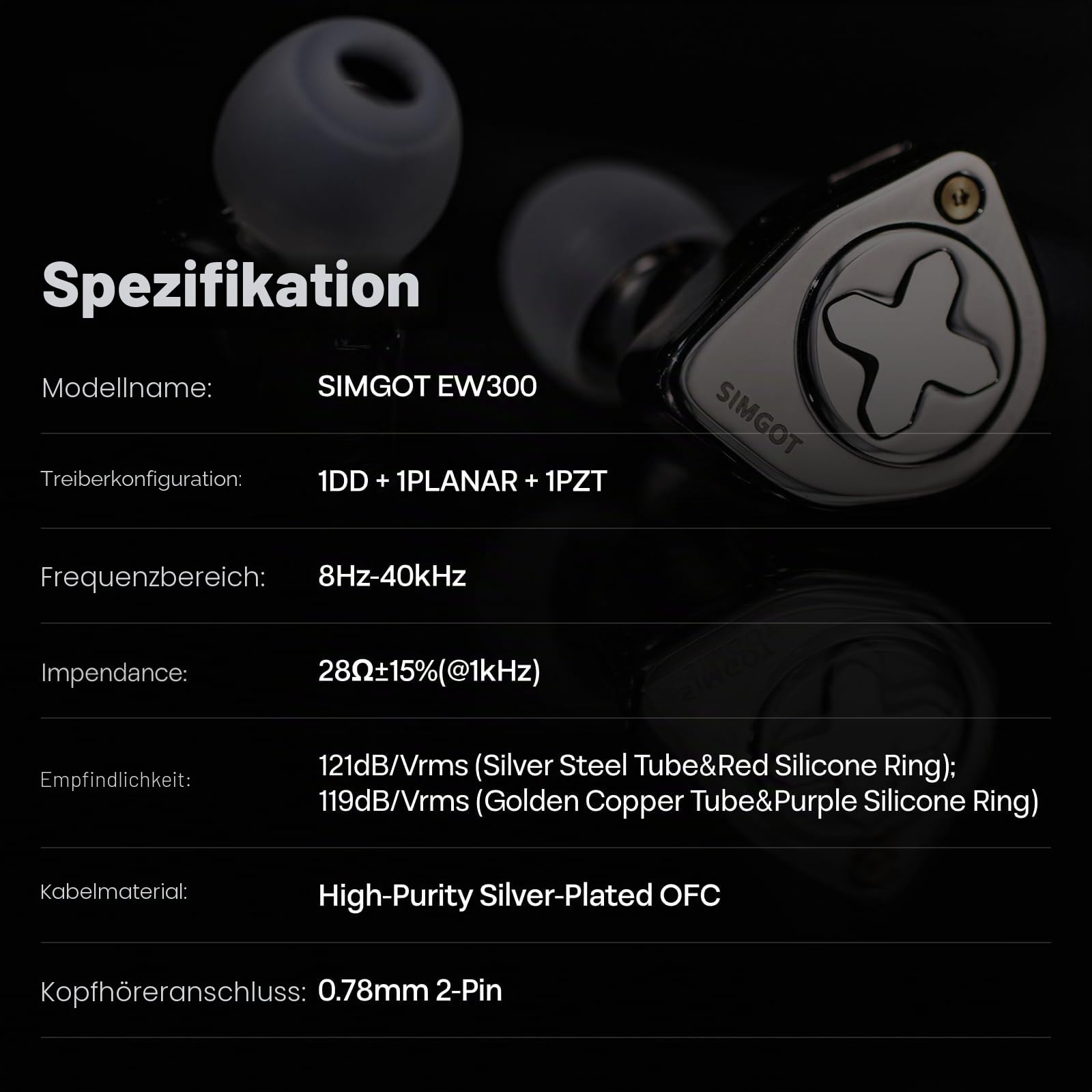 SIMGOT EW300 In-Ear-Monitor, 1DD+1Planar+1PZT Hybrid-Treiber IEM-Ohrhörer, HiFi kabelgebundene Ohrhörer mit abnehmbaren Düsen, Gaming-Ohrhörer mit OFC-IEM-Kabel für Audiophile (SIMGOT-EW300