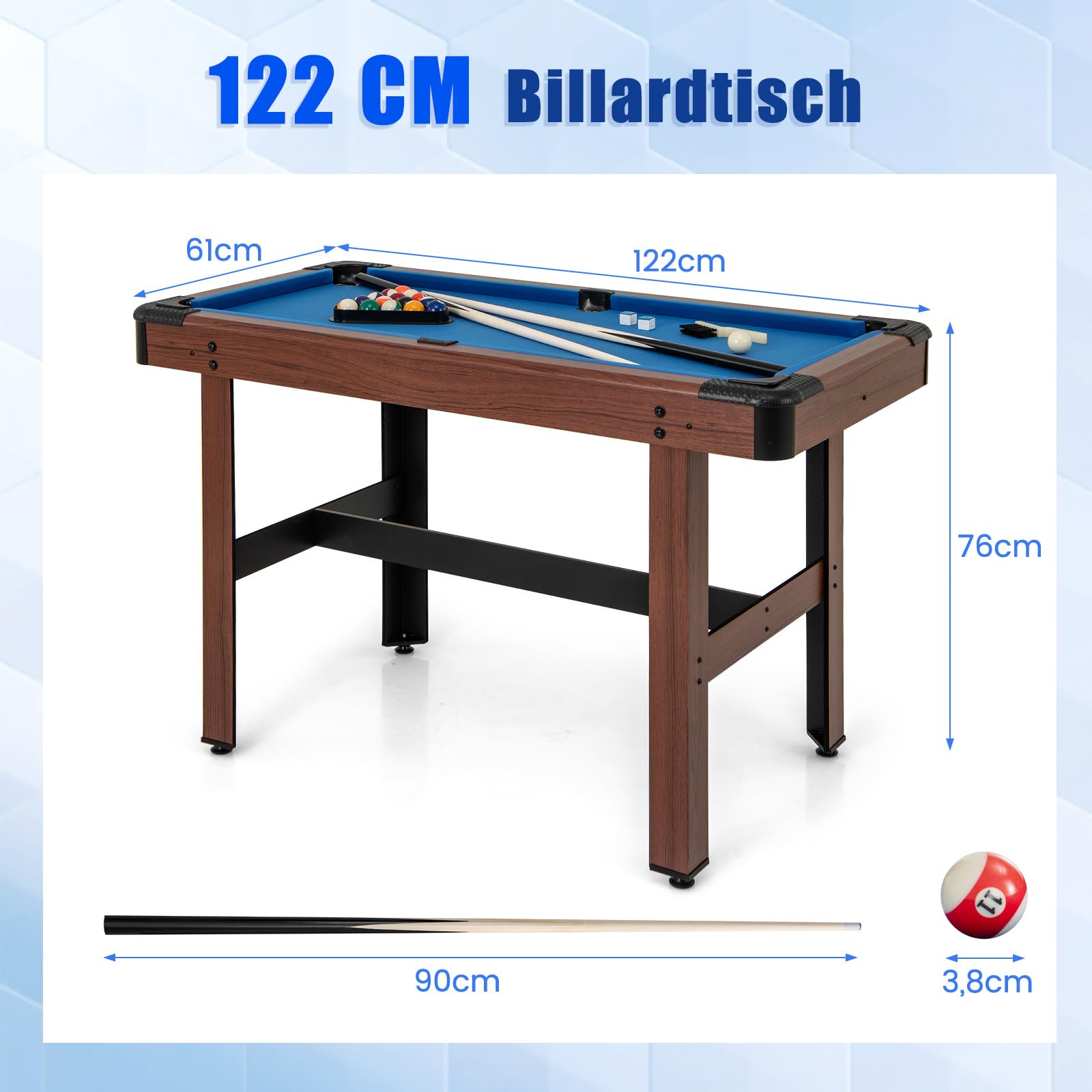COSTWAY Billardtisch, Billlard Tisch aus Holz mit Zubehör, Pooltisch mit 2 Queues, 2 Kreiden & Dreieck & Bürste, Tischbillard Billard-Spiel für Kinder & Erwachsene, 122 x 61 x 76cm