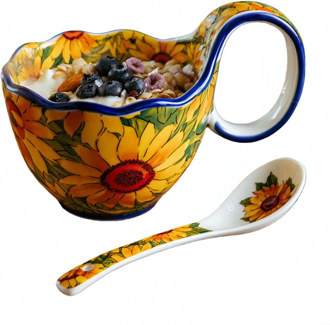 16.91oz/500ml Handpainted Soup Bowl with Handle,Ceramic Cereal Bowl Microwave &Dishwasher Safe,Loop Handle Bowl Great for Soup,Yogurt,Snack,Chip,Stew,Ice Cream,Coffee (Sunflower)