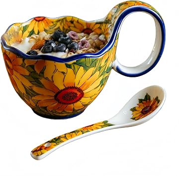 16.91oz/500ml Handpainted Soup Bowl with Handle,Ceramic Cereal Bowl Microwave &Dishwasher Safe,Loop Handle Bowl Great for Soup,Yogurt,Snack,Chip,Stew,Ice Cream,Coffee Sunflower