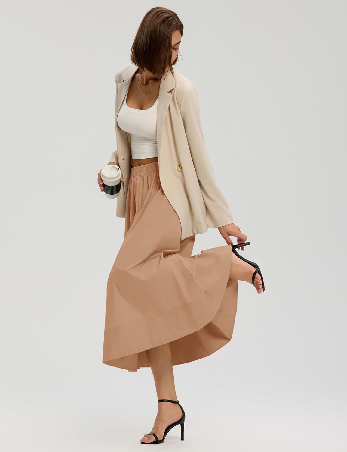 LOMON Midi Skirts for Women A-Line Cotton Flowy Maxi Skirt Boho Summer Beach Casual Elastic Waist Dress Outfit with Pockets - Image 4