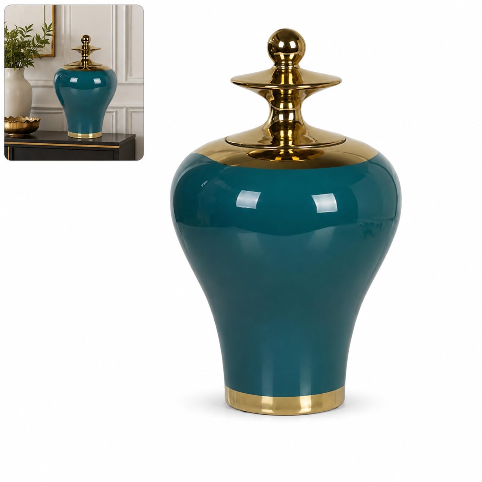 Ceramic Ginger Jar Vases With Gold Trim, Porcelain Storage Vase Temple Jars With Lid (blue,23 * 30cm)