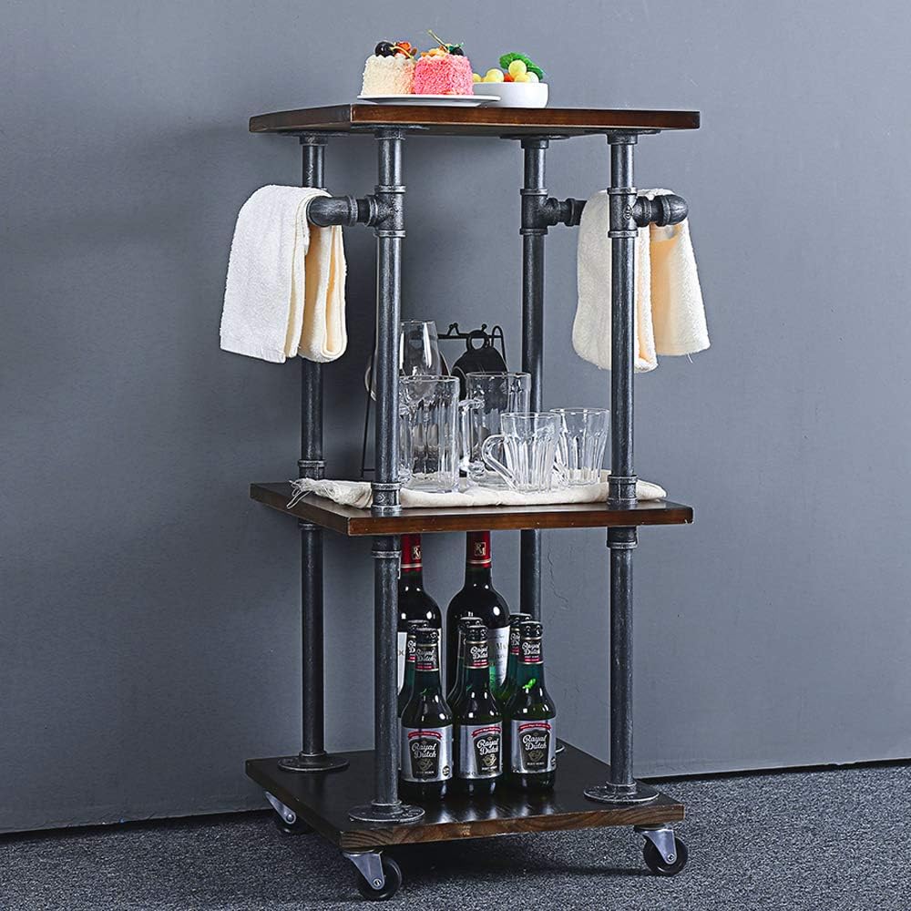 Industrial Rolling Bar 3-Tier Kitchen Serving Cart, Wine Storage Rack, Rustic Pipe Dining Cart with Wheels, Restaurant Wine Glass Holder, 15.7x15.7x33.4inches