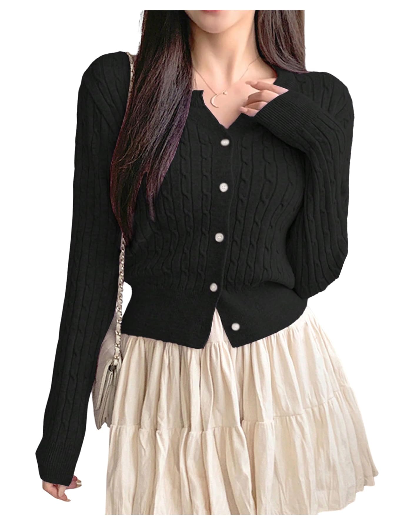 Womens Cable Knit Button Down Cardigans Slim Fit Crew Neck Sweaters Fall Tops
