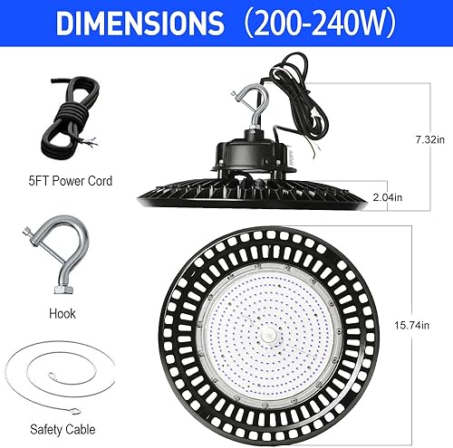 Miniatura 6 de OSTEK Luz LED de alta bahía UFO de 480 V, 240 W, 38400 lúmenes, 5000 K, 0-10 V, regulable, iluminación comercial para garaje, taller, almacén