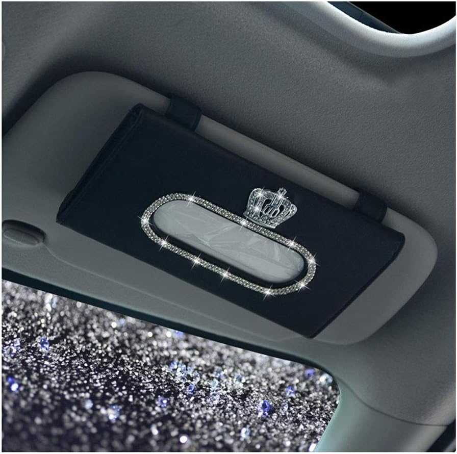 Siyibb Crystal Crown Car Sun Visor Tissue Box Leather Tissue Napkin Holder - Black