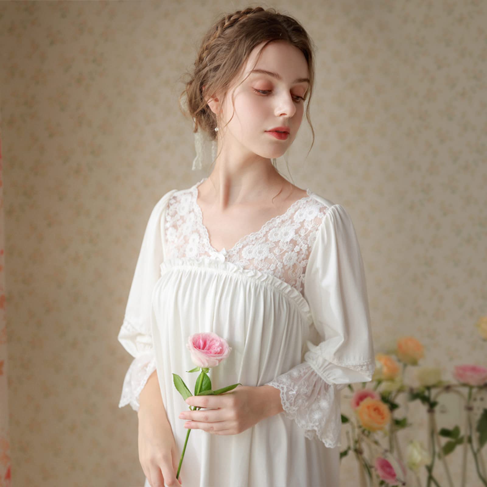 OFFSUM Camicia da Notte Donna - Primavera Casual Tinta Unita Camicia da Notte Scollo A V Pizzo Cotone Ricamo Pigiameria Elegante Autunno Principessa Pigiameria Abbigliamento