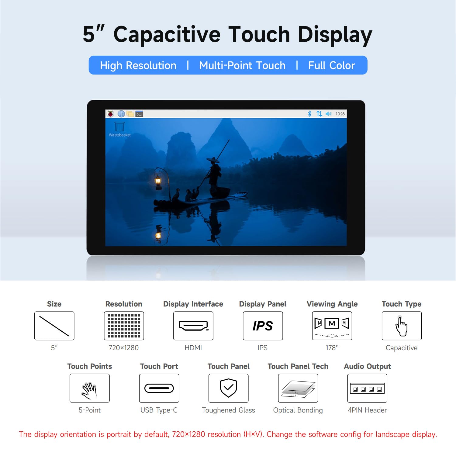 Waveshare 5-Zoll High-Brightness Touchscreen 1024x600 – HDMI IPS, Für Raspberry Pi, Windows & Jetson Nano