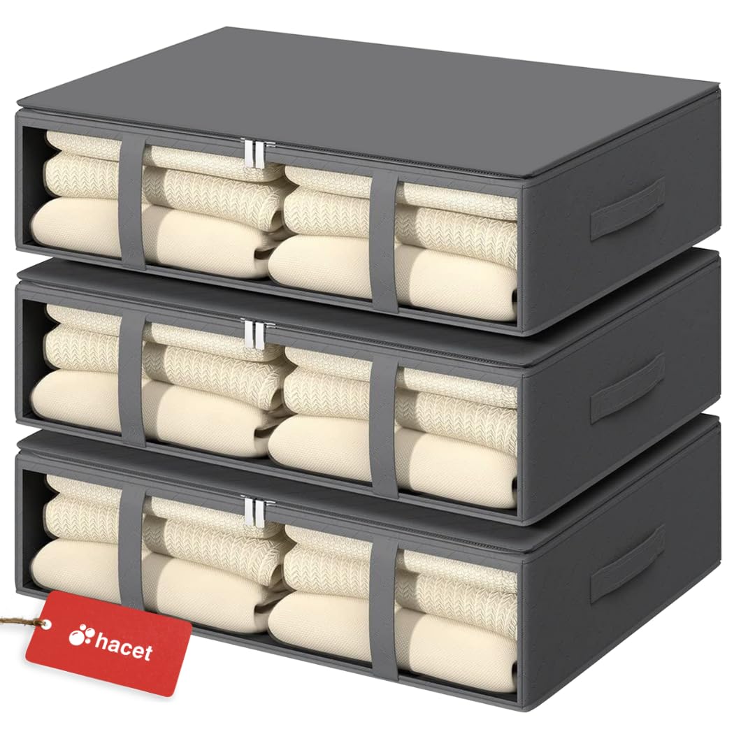 HACET Set of 3 Under Bed Storage Bins- Foldable Large Capacity Thick Breathable Fabric Clothes Organizer for Bedding, Clothing, Shoes, Blankets, Sweaters, Toys, Ties (Gray - 17.7x23.6x5.9in)