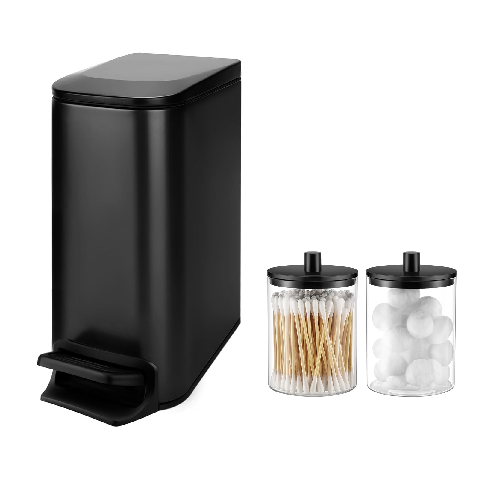 TIPGO Small Bathroom Trash Can with Glass Qtip Holder Set
