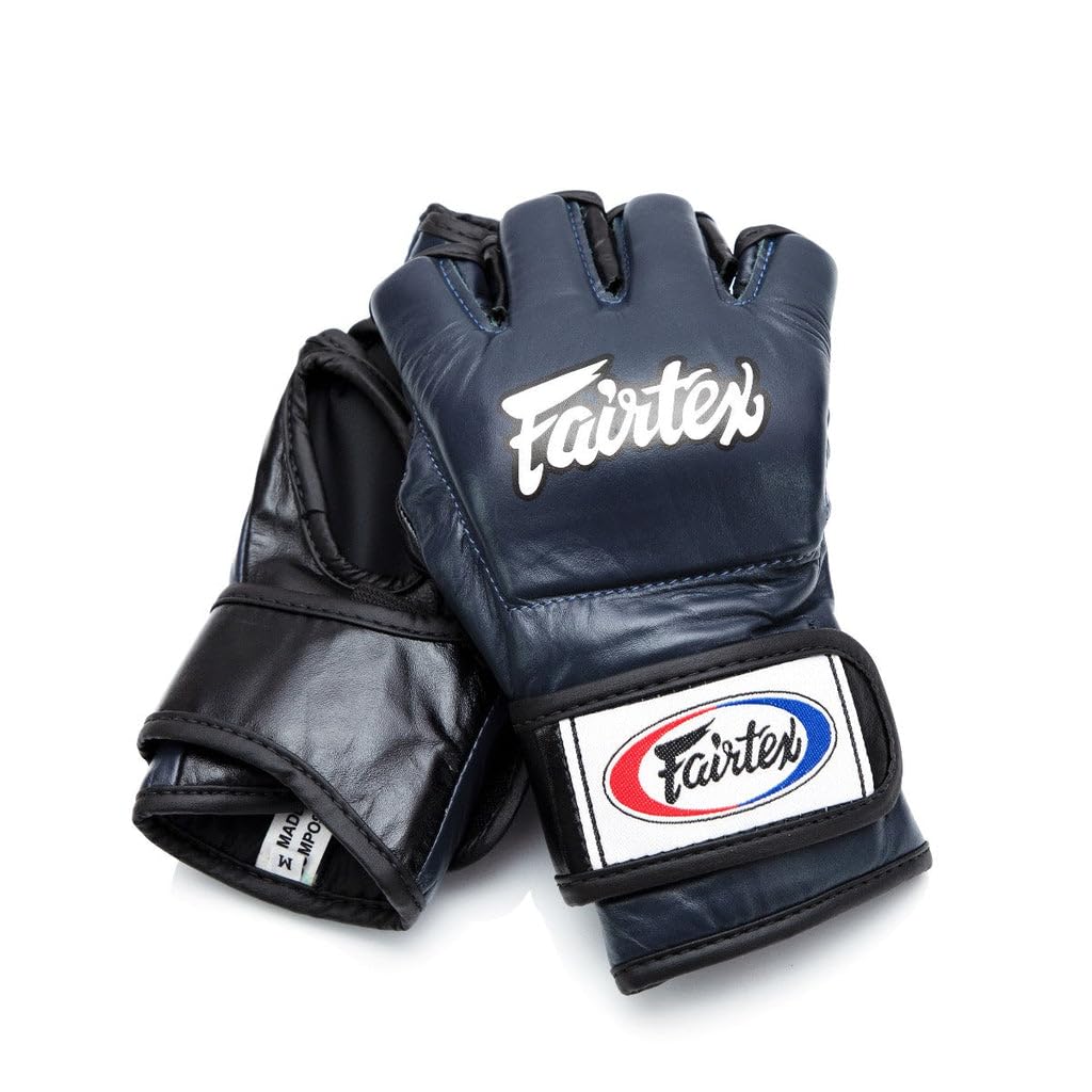 Fairtex FGV12 Ultimate MMA Gloves - Genuine Leather Open-Palm Grappling Gloves with Open Thumb Loop (Blue, Large)